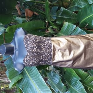 THEIA  strapless beaded gold metallic gown